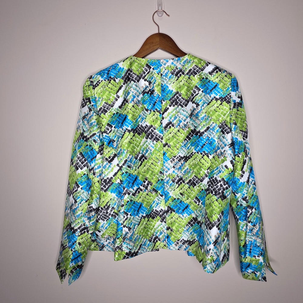 Kasper Blazer Jacket Womens 14 Green Blue Abstract Open Front Office Professiona - Picture 3 of 8